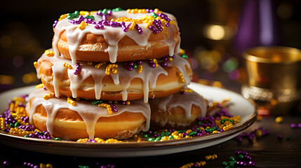 A mouthwatering close-up of a festive King Cake adorned with colorful icing and hidden surprises, a...