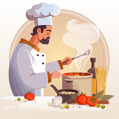 Man cooking in the kitchen. Flat style vector illustration. Cooking channel or class concept. Good for restaurant advertising