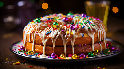 A mouthwatering close-up of a festive King Cake adorned with colorful icing and hidden surprises, a cherished Mardi Gras tradition. - obrazy, fototapety, plakaty