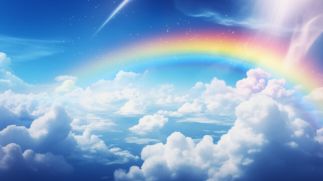 Image of a bright daytime sky above clouds with a rainbow.