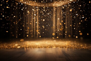Golden confetti rains down upon a festive stage, mockup space that is perfect for award ceremonies, jubilees, New Year's parties, or product presentations. Created with generative AI tools - obrazy, fototapety, plakaty