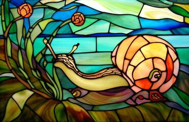 Schnecke - Glasmalerei Mosaik von Tieren am Teich - buntes Tiffany Glas