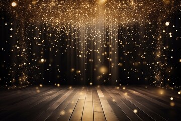 Golden confetti rains down upon a festive stage, mockup space that is perfect for award ceremonies, jubilees, New Year's parties, or product presentations. Created with generative AI tools - obrazy, fototapety, plakaty