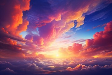 As day turns to night, a spectacular sunset takes center stage, painting the sky with an array of brilliant colors—an extraordinary and vibrant sunset landscape. Created with generative AI tools - obrazy, fototapety, plakaty