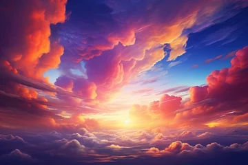 Foto op Plexiglas As day turns to night, a spectacular sunset takes center stage, painting the sky with an array of brilliant colors—an extraordinary and vibrant sunset landscape. Created with generative AI tools © Oleksii