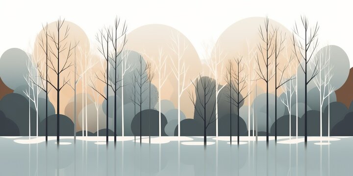 AI Generated. AI Generative. Minimalistic flat drawing painting watercolor graphic art forest trees. Nature outdoor scandinavian landscape decoration background. Graphic Art