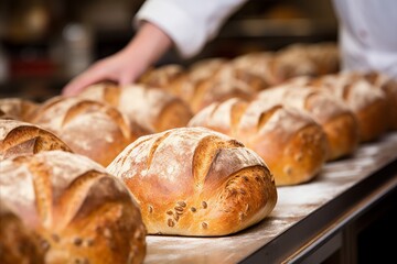 The skilled baker in the bakery carefully kneads the dough for baking bread.