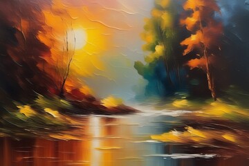 beautiful view of the city beautiful view of the city beautiful colorful painting, oil painting, autumn season, canvas.
