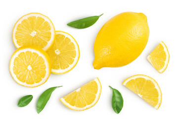 Ripe lemon with half isolated on white background with full depth of field. Top view. Flat lay