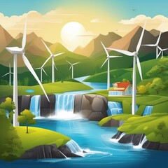 vector illustration of a wind turbines on a mountain landscape with a green field. vector illustration of a wind turbines on a mountain landscape with a green field. illustration of a power plant