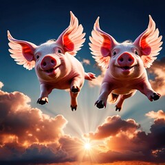 flying pigs with wings in sky with clouds smiling - obrazy, fototapety, plakaty
