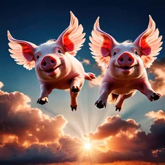 Fotobehang flying pigs with wings in sky with clouds smiling © Kheng Guan Toh