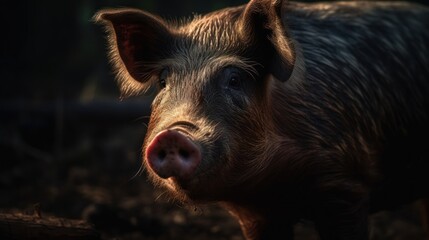 Portrait of a young pig in the light of the setting sun. Wildlife concept. Farming Concept.