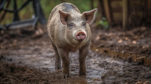 Wild boar in a mud puddle. Piglet in the mud. Wildlife concept. Farming Concept.