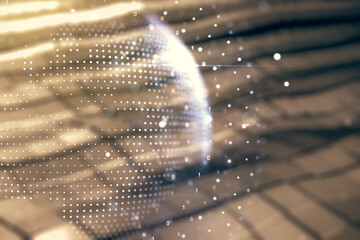 Double exposure of abstract digital world map hologram on shiny metal background, big data and blockchain concept