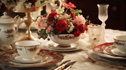 A table setting with vintage Valentine-themed china, silverware, and elegant floral arrangements.