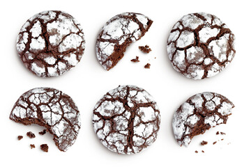 Chocolate brownie cookie isolated on white background. Top view. Flat lay. Set or collection - obrazy, fototapety, plakaty
