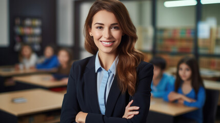 Young teacher arm crossed in the classroom with a student