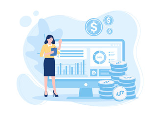 A business woman is analyzing the results of the annual financial report concept flat illustration
