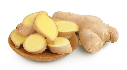 Fresh Ginger root and slices in wooden bowl isolated on white background