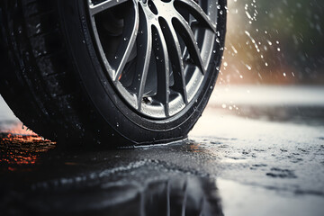 Tire Traction in the Rain - Close-Up Driving Shot - Generative AI