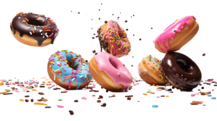donuts falling in motion isolated on a transparent background