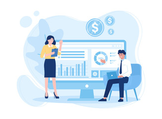 Male and female characters are arranging a schedule for a business concept flat illustration