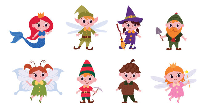 Cartoon fairytale characters. Fantasy mascots, cute gnome, mermaid and fairy flat vector illustration set. Fairy tale characters collection