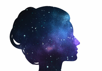 Vector illustration of woman head silhouette with space watercolor