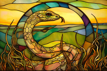 Schlange - Glasmalerei Mosaik von Tieren am Teich - buntes Tiffany Glas - obrazy, fototapety, plakaty