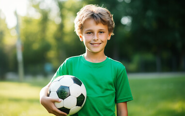 The boy holds a soccer ball in his hands. Young athlete on a green meadow.