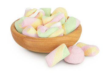 Colorful mini marshmallows in wooden bowl isolated on white background with full depth of field