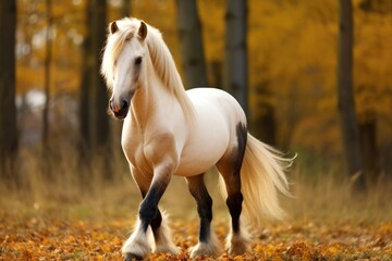 Majestic Welsh Cob Stallion with Palomino Coat and Beautiful Mane Standing in Autumn Scenery - A Fast and Powerful Pony - obrazy, fototapety, plakaty