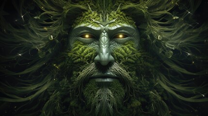 Celtic Green Man Generative Art for Holiday and Christmas Season. Pagan and Wiccan Inspired Design of Green Man Face and Head