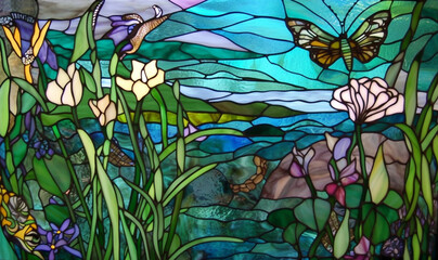 Schmetterling - Glasmalerei Mosaik von Tieren am Teich - buntes Tiffany Glas