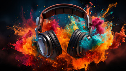 Headphones with colorful fire and smoke on black background. Music concept,Generative AI