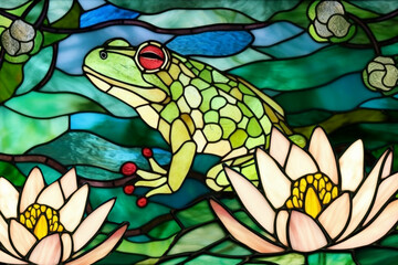 Frosch - Glasmalerei Mosaik von Tieren am Teich - buntes Tiffany Glas - obrazy, fototapety, plakaty