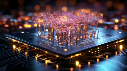 3d illustration of microchip with tree on circuit board. Technology concept,Generative AI