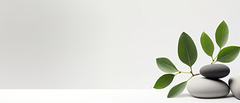 Ultrawide Clean White Modern Background With Pabble Stones And Flower Leaves 