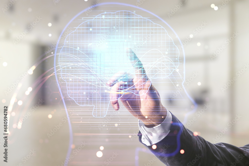 Poster double exposure of man hand presses on creative artificial intelligence hologram on blurred office b