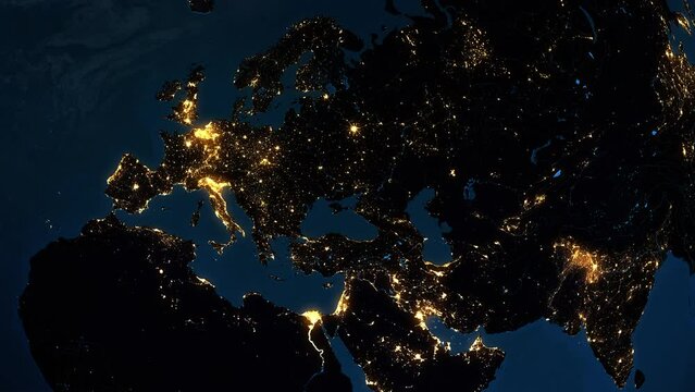 Spinning Earth at Night with City Lights. Several Regions seen From Space. Europe, Middle East, Asia and North Africa. Russia, Germany, Israel, Saudi Arabia, India.