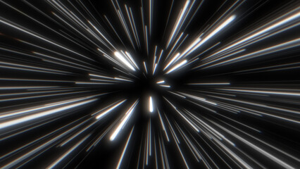 Through space, starfield. Abstract particles, neon rays background.