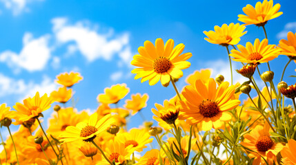 Yellow cosmos flowers with blue sky and white clouds background