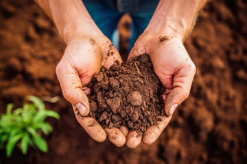 Human hands holding soil with green grass background. Earth day concept.