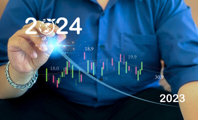 New Goals 2024. Business growth year 2023 to 2024 increase arrow graph corporate Planning opportunity challenge and business strategy. New Goals Plans and Visions for Next Year.
