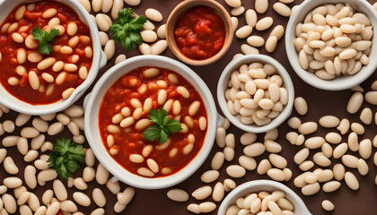 Overhead view of cooked white beans with red tomato sauce food background