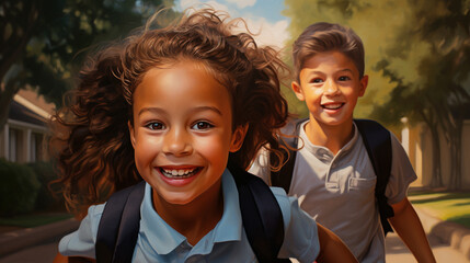 Two happy first graders on their way to their first day of school - obrazy, fototapety, plakaty