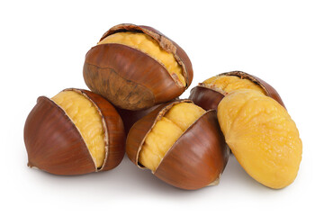 roasted peeled chestnut isolated on white background wit full depth of field.
