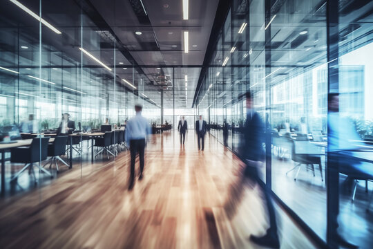 Busy business persons in fast pace movement in office building, generative AI.