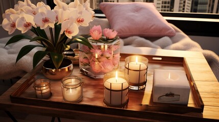 Naklejka na ściany i meble A chic coffee table setup with love-themed coasters, candles, and fresh flowers.
